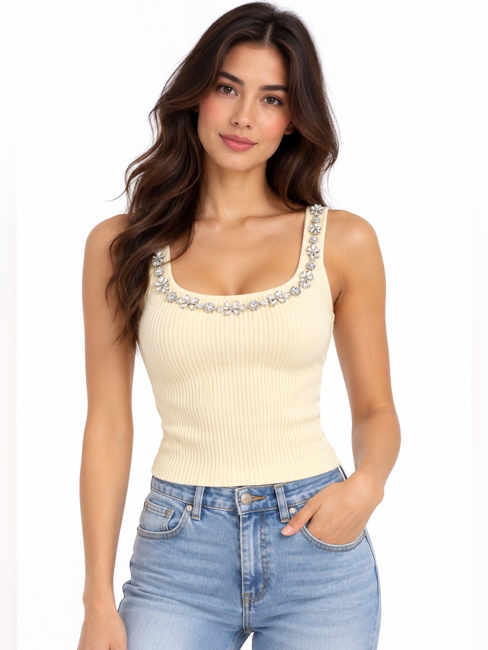 Jeweled Scoop Neck Ribbed Tank Top - Cream